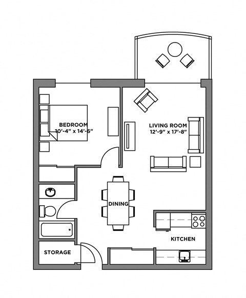 Floor plan for 1 bed, 1 bath, 600 sqft
